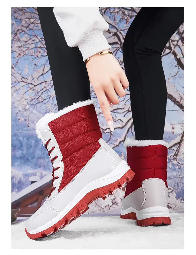 Winter Women's Waterproof High Heel Boots Strap Up Flat Heel Boots Warm Snow Shoes, Plush Outdoor Fashion Casual Boots
