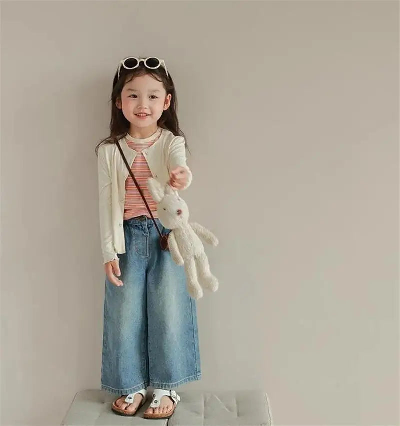 Humor Bear Girls’ Jeans Kids Clothing Summer Baggy Multi-pocket Elastic-waisted Long Jeans Wide-leg Pants Girls Pants