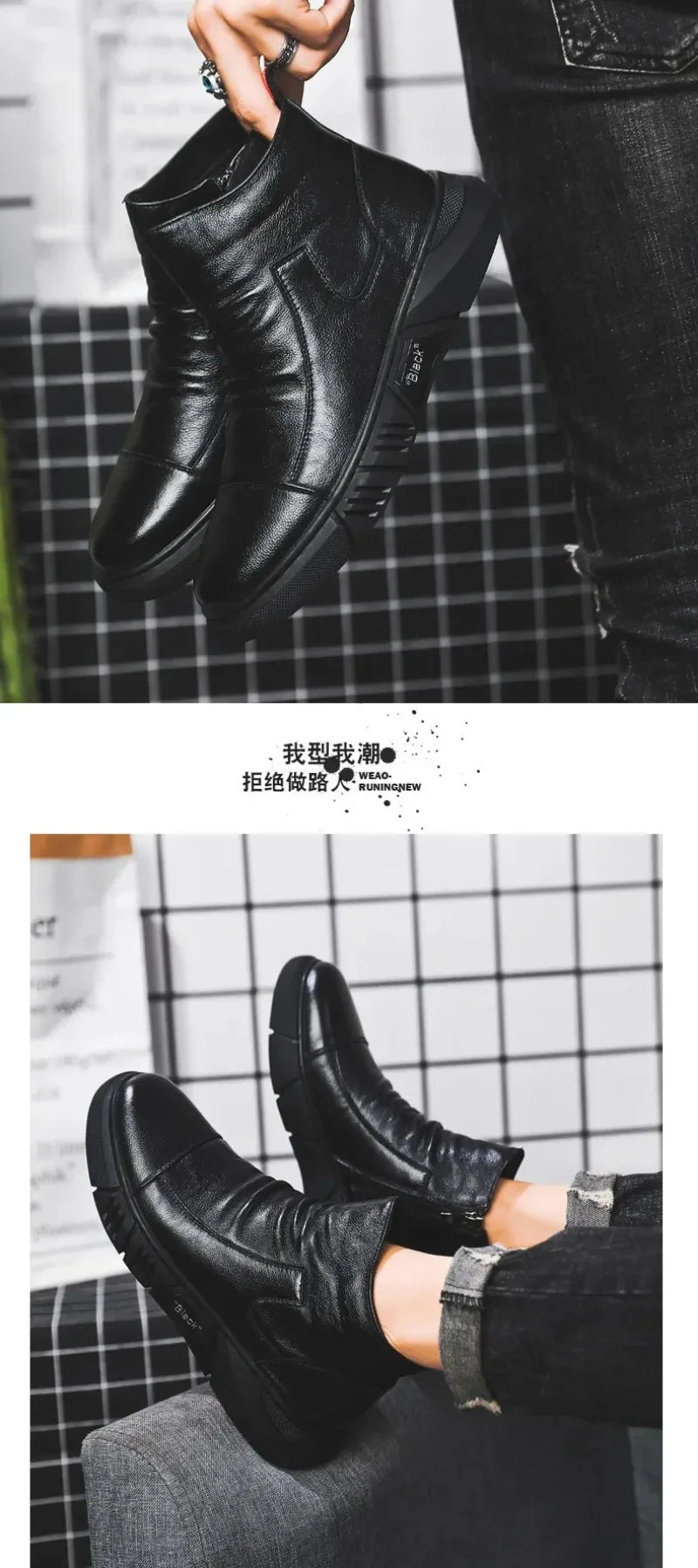 Bottes en cuir tendance pour hommes, bottes d'hiver chaudes et chaudes, chaussures en coton, bottes montantes décontractées en cuir, style britannique, chaussures pour hommes