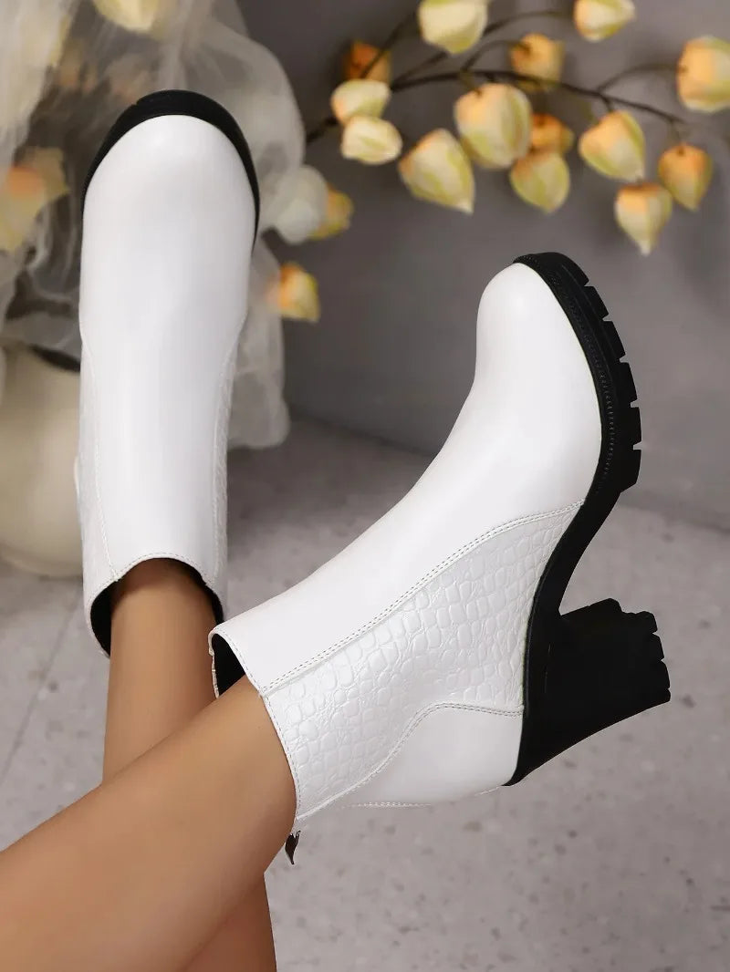 Fashion Ankle Boots for Women Autumn Thick Heel Platform Boots with Zipper Splicing Plus Size Short Women Boots Botas Mujer