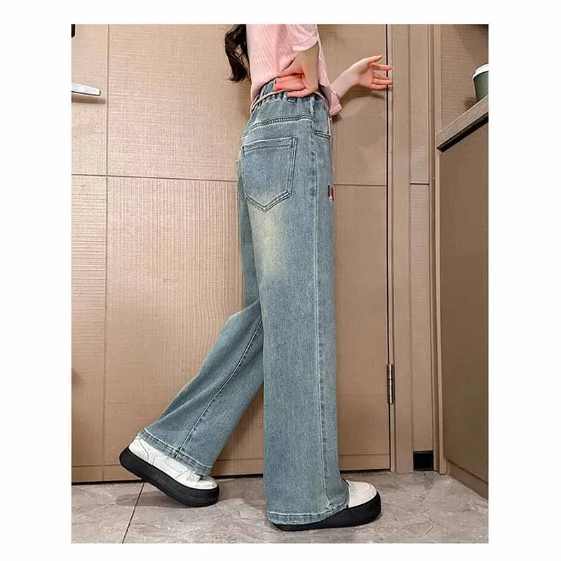 Pantalones vaqueros con letras para niñas, pantalón holgado e informal, elástico, recto, para primavera y otoño, de 2 a 12 años