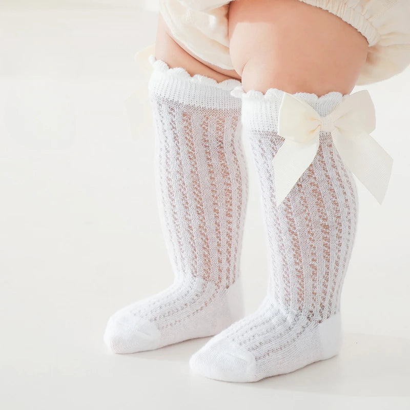 0-2Years Baby Girl Socks with Bow Summer Toddler Baby Cotton Mesh Knee Socks Newborn Infant Non-slip Baby Princess Long Socks