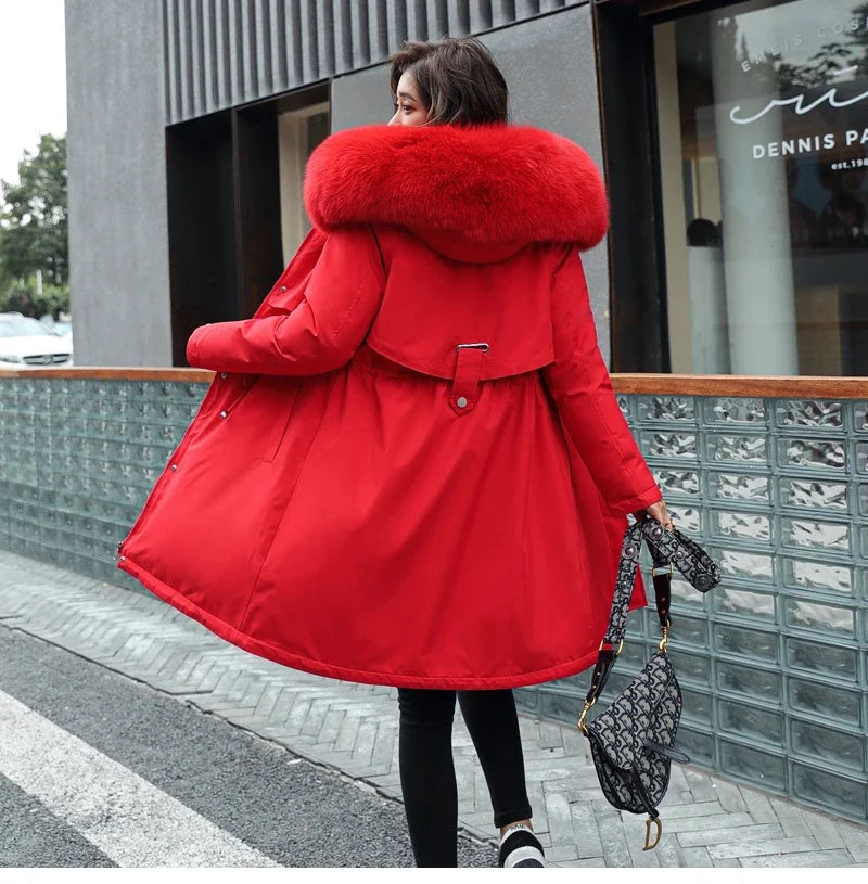 Cotton Liner Parker Women Long Coat Parka Coats Adjustable Waist Fur Collar Winter Jacket Coat Medium Long Hooded Parka Jackets