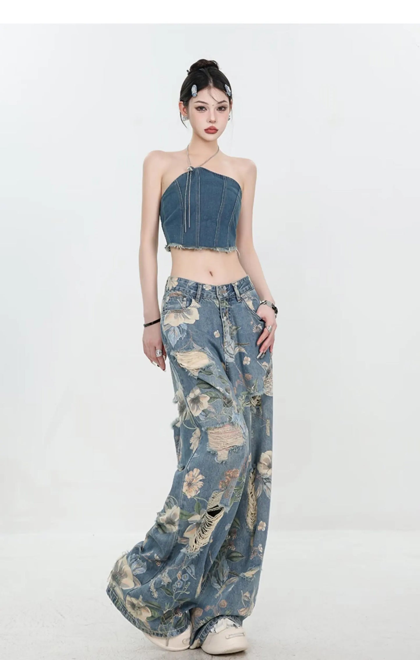 American Street Print Jeans For Women Trendy Style Loose And Versatile Floor-length Wide-leg Pants With A Versatile Design