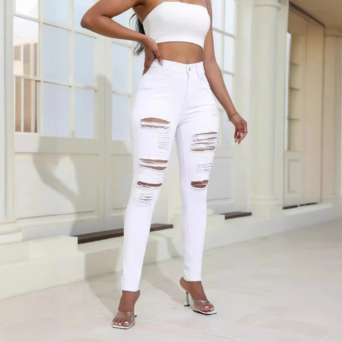 Pantalones vaqueros sexys de cintura alta con agujeros, elásticos, rotos, blancos y negros, para mujer. Vaqueros rotos para mujer.