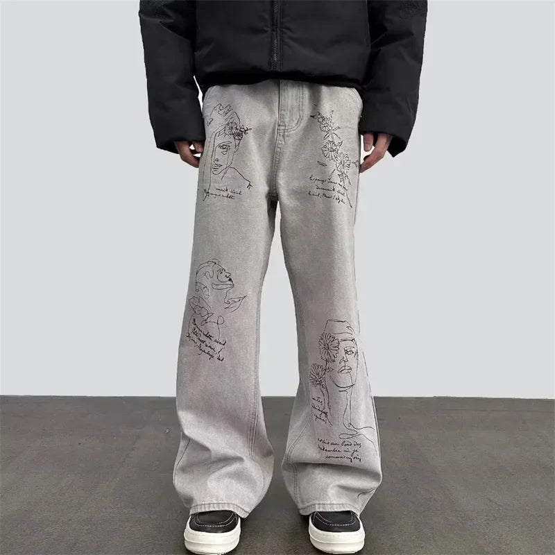 American Retro Graffiti Graphic Printed Jeans For Men Harajuku Fashion Baggy Denim Pants Distressed Y2K Streetwear Jean Trousers