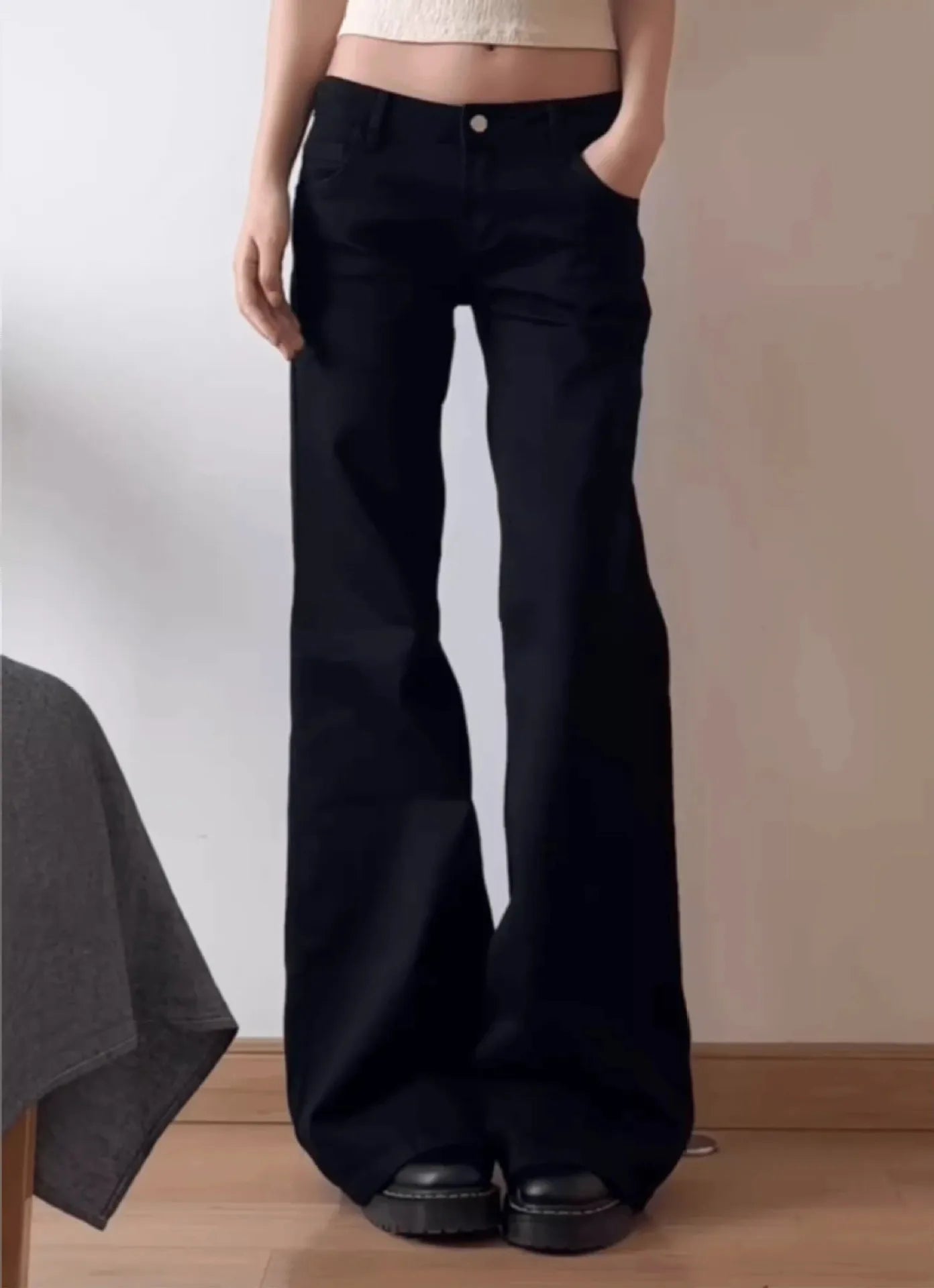 Vaqueros de talla grande estilo americano con cintura baja, anchos y micro acampanados para mujer, corte holgado, versátil y recto, para principios de otoño