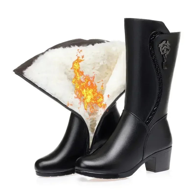 Winter Women's Boots Plush Warm Snow Boots Fashion Mid-calf High Heel Boots for Women High-quality Leather Boot Botas Mujer