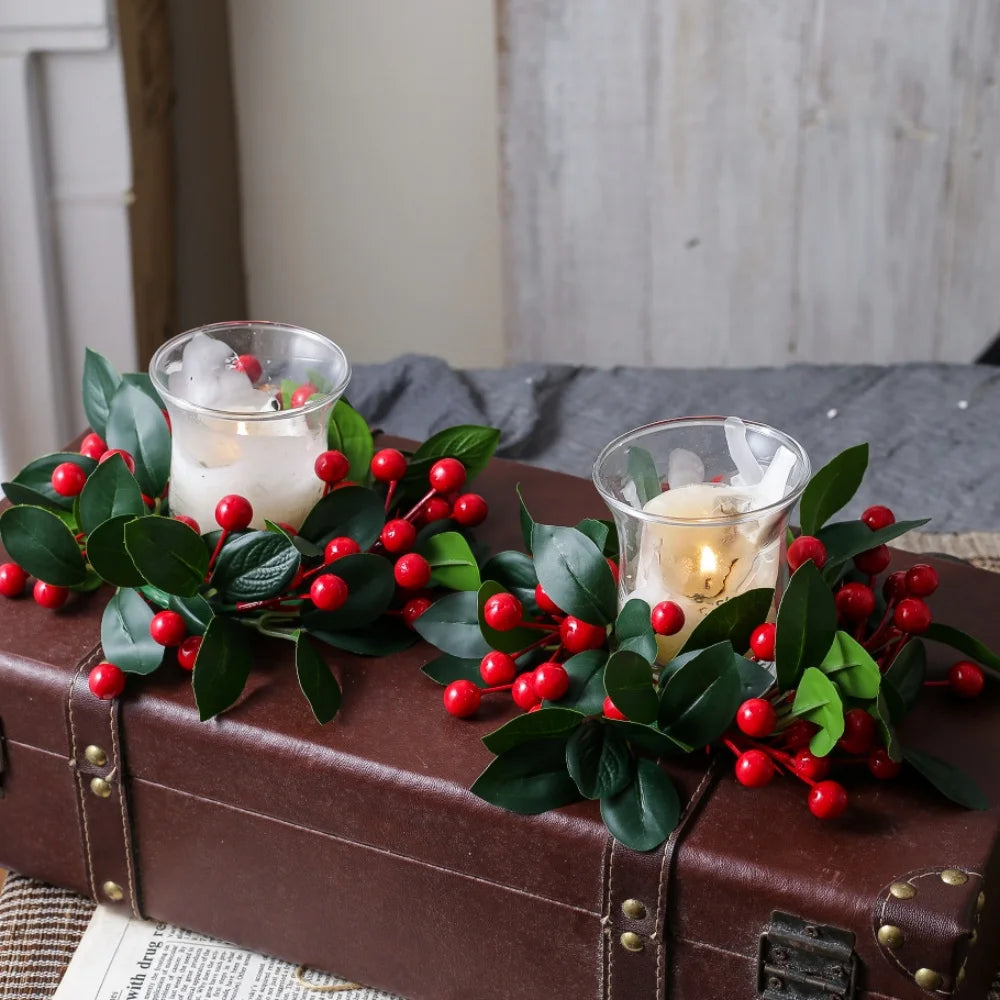 Christmas Wreath Artificial Berries Pinecone Pine Candlestick Wreaths Garland Candle Ring Table Home Party Decoration