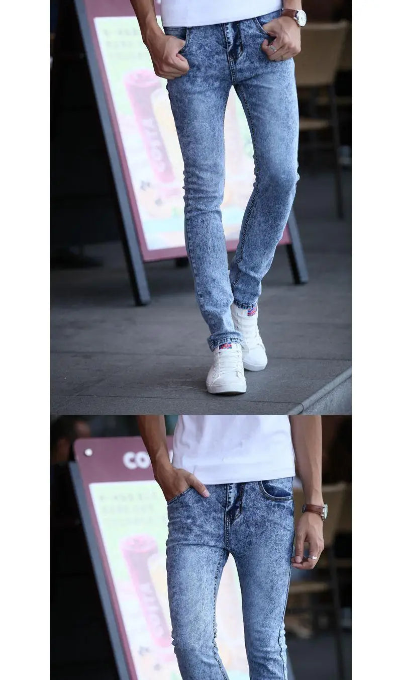 Pantalones vaqueros ajustados de estilo coreano para hombre, de lujo, para la nieve, para jóvenes, para primavera y otoño, informales, de algodón