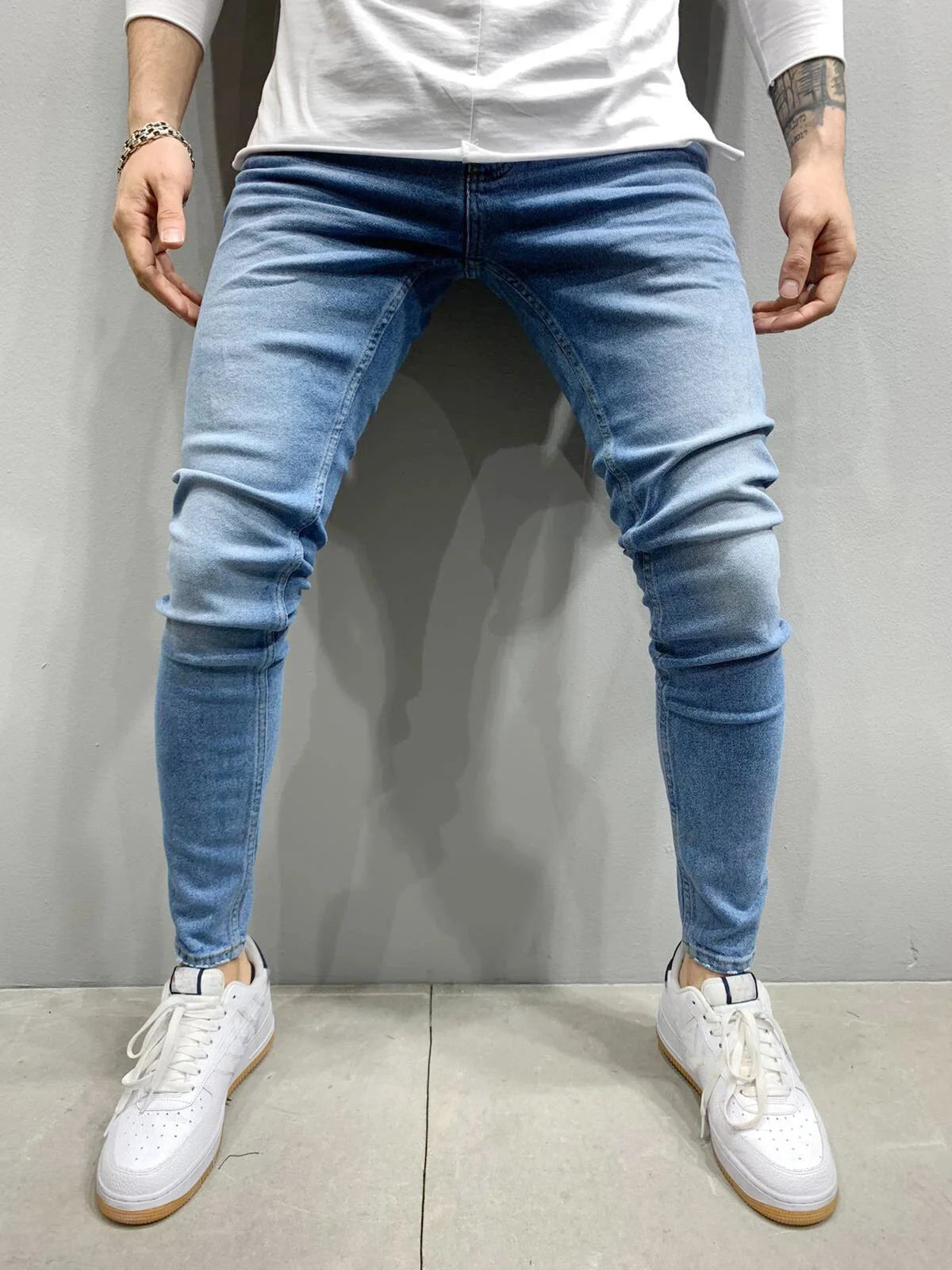 Men Jeans Denim Pencil Pants Sheath Ankle Length Washing Solid Slim Pockets Slight Strech Mid Waist High Street Y2k Streetwear
