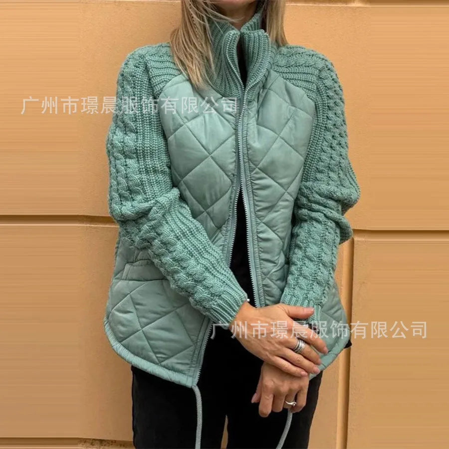 Women Autumn Winter Cardigan Zipper Long-sleeved Stand-up Collar Parka Jacket Coat Solid Color