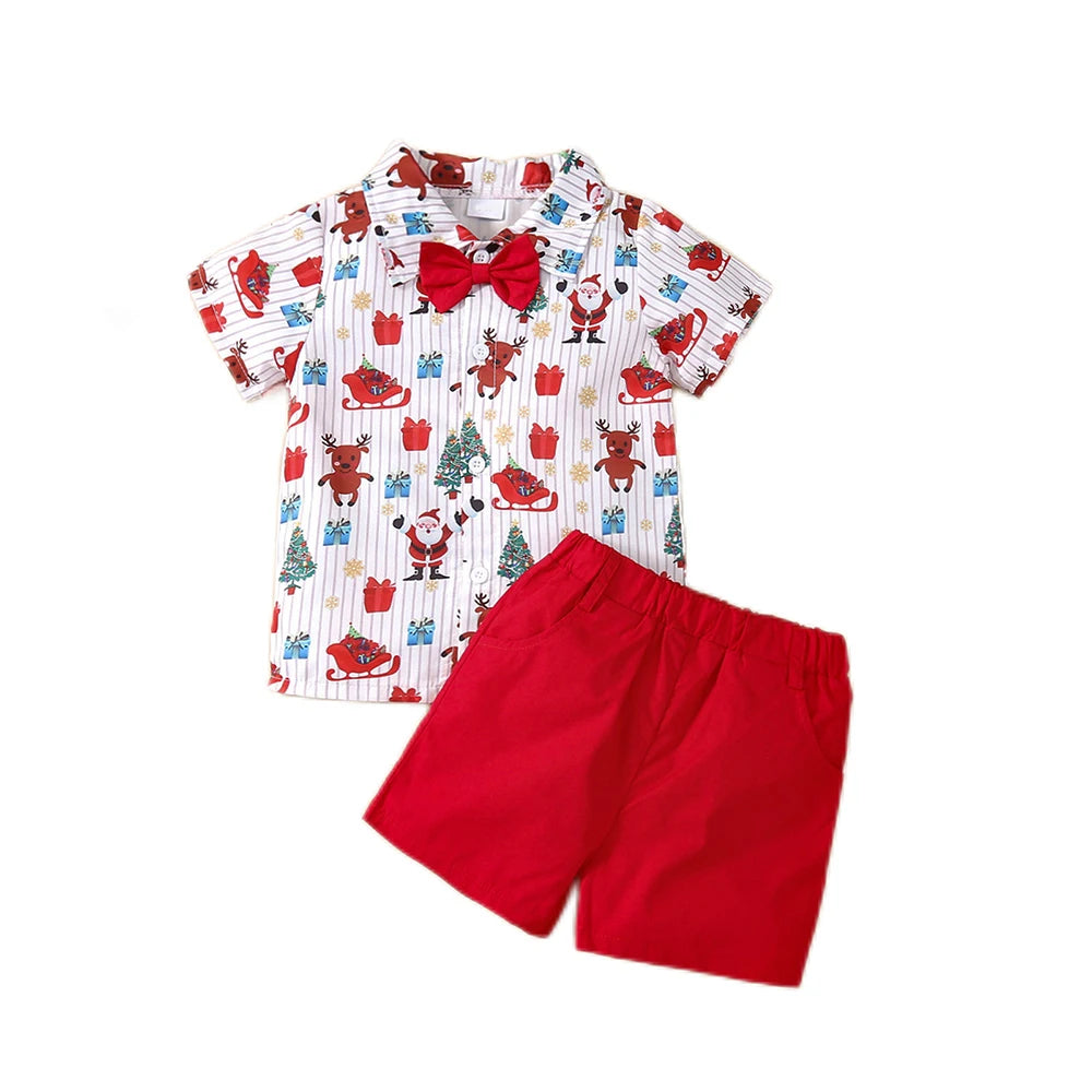Ceeniu 1-5Y New Year Costume For Boy Christmas Outfit Santa Deer Printed Necktie Shirts and Red Pants Children Christmas Clothes