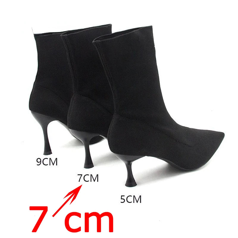 9cm 7cm 5cm Stretch Fabric Socks Boots Women Black Shoes Elegant Pointed Toe Knitting Elastic Ankle Boots for Women