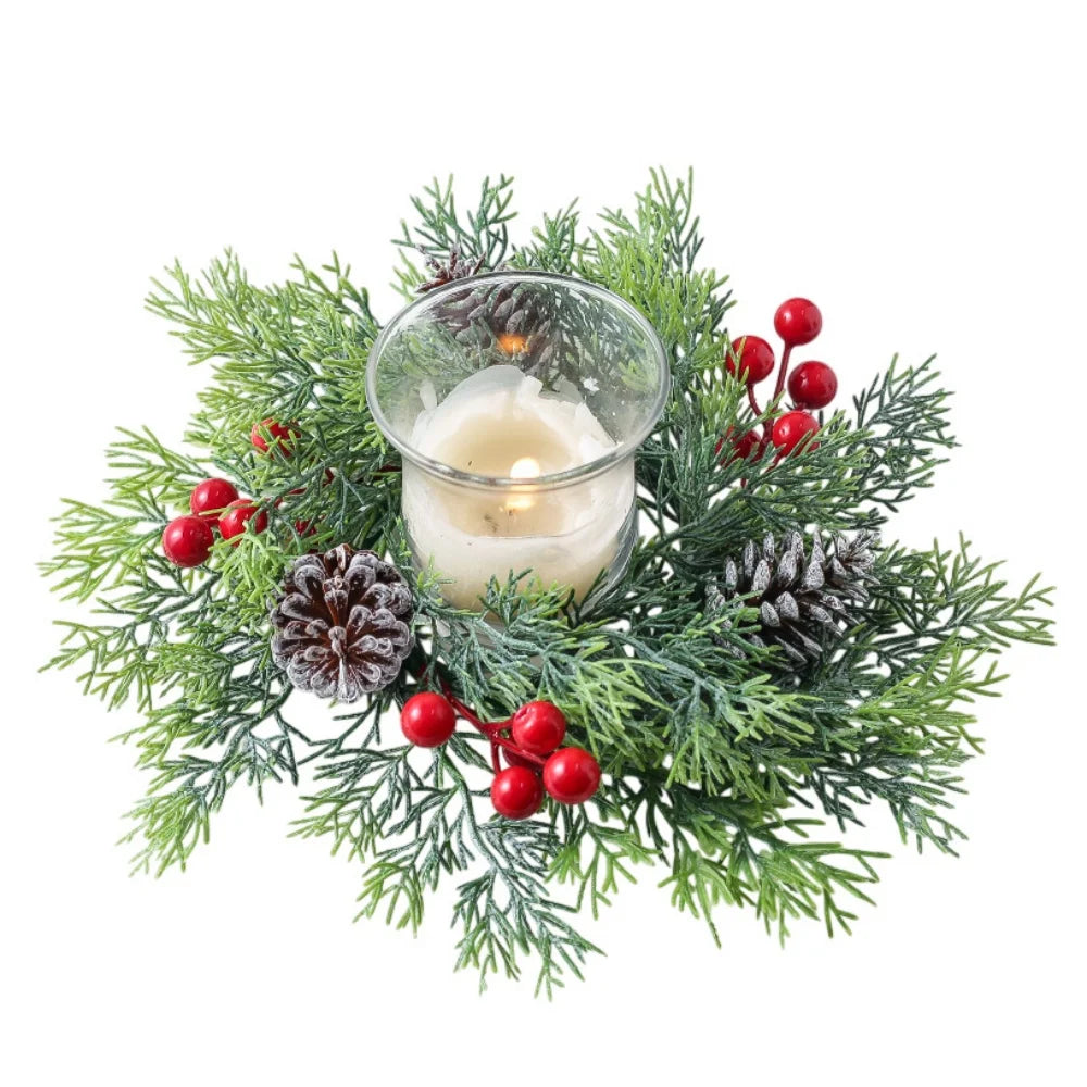 Christmas Wreath Artificial Berries Pinecone Pine Candlestick Wreaths Garland Candle Ring Table Home Party Decoration