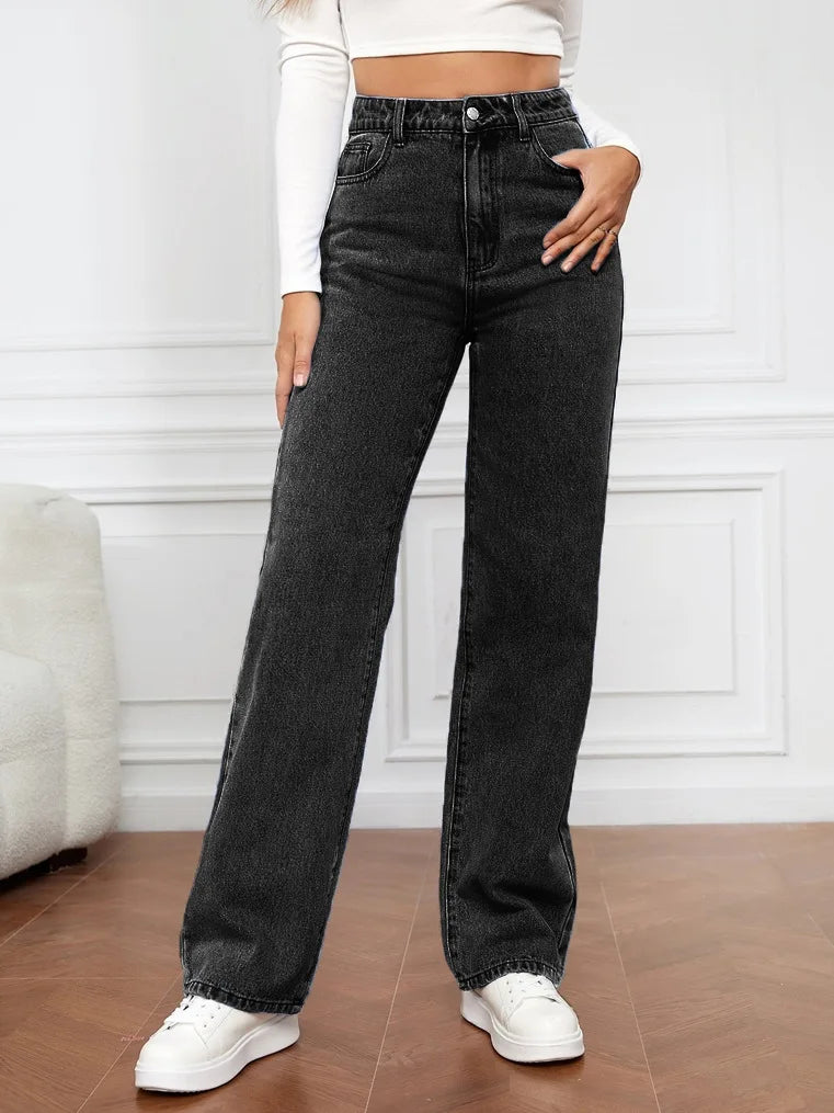 Pantalones vaqueros rectos para mujer, lavados, cintura alta, holgados, bolsillos, básicos, hasta el tobillo, color liso, ligeramente elásticos.