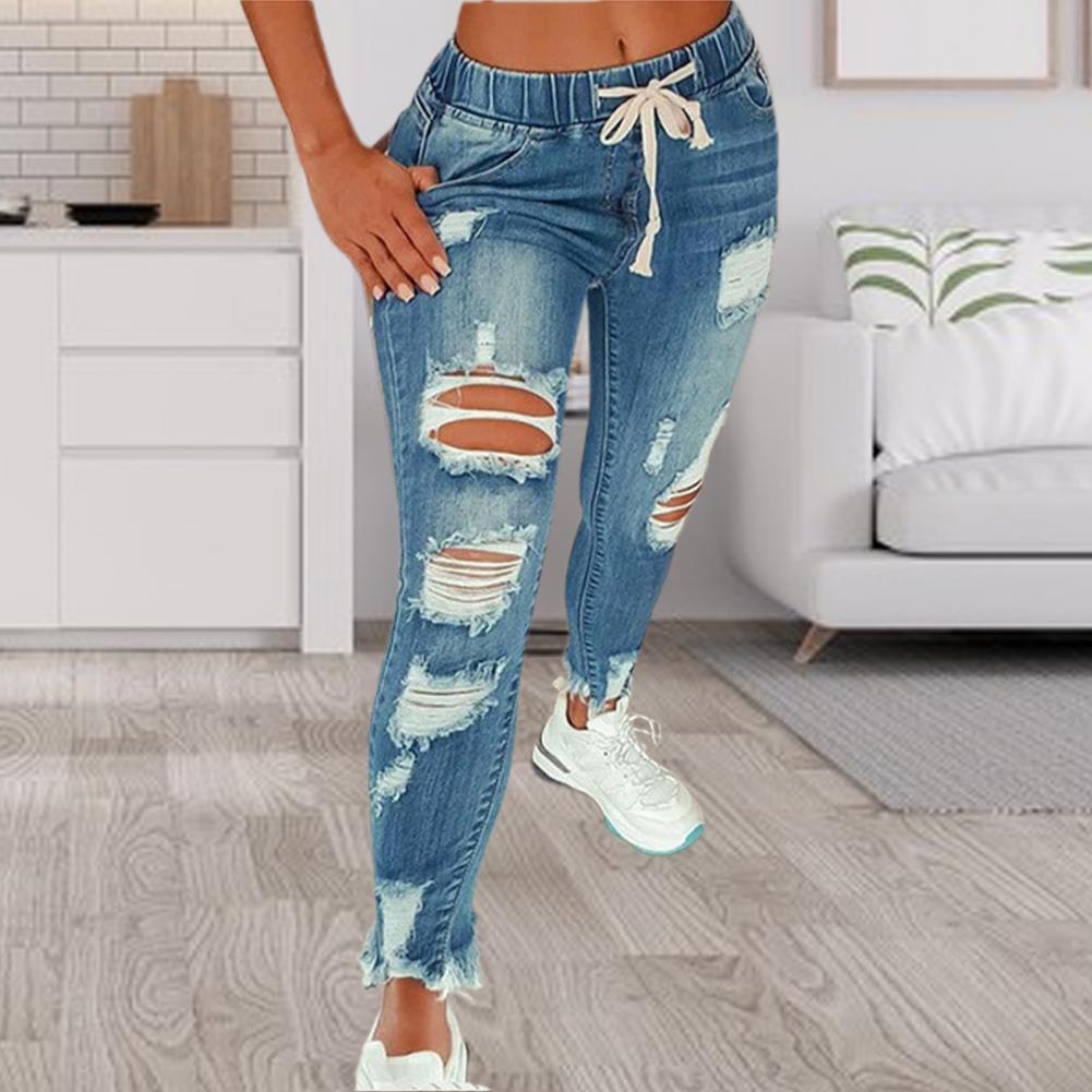 2022 Hot Sale Women Ripped Elastic Waist Jeans Fashion Slim High Stretch Denim Pencil Pants Large Size Trousers S-5XL Drop Ship