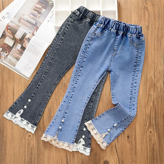 2-12 Year Old Girls Jeans Fashion Lace Elastic Denim Flared Pants Spring Autumn Solid Color Trousers Teenager Kids Girl Clothing