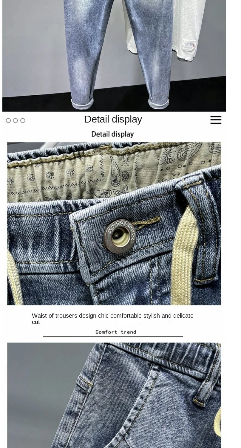 Pantalones vaqueros de lujo para hombre, moda coreana, primavera y verano, con cordón elástico, lavados, estilo cargo, holgados y cónicos