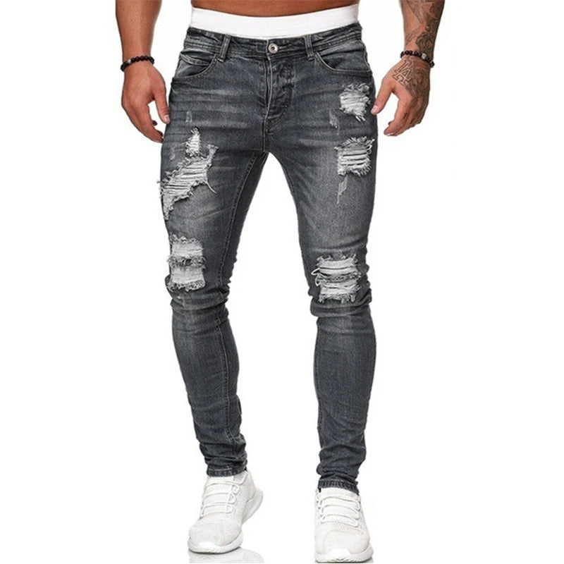 2024 Nuevo estilo callejero, pantalones vaqueros ajustados rotos para hombre, pantalones vaqueros lisos con lavado vintage, pantalones vaqueros ajustados informales para hombre, pantalones vaqueros elásticos tipo lápiz