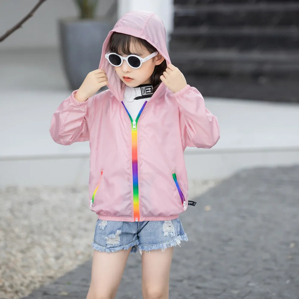 Children's Summer Thin Sun-protective Jacket Boys Girls Breathable Hooded Zipper Solid Lightweight Coat Jackets Clothing
