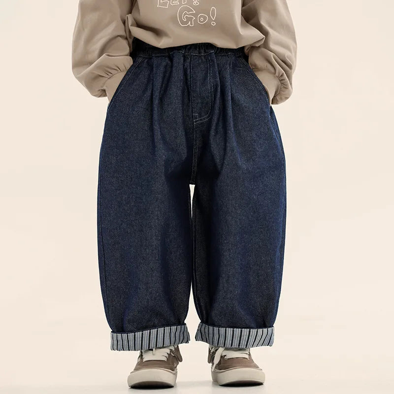 Ropa de diario de primavera para niños de 2 a 7 años, pantalones vaqueros a rayas con bolsillos y retazos, estilo coreano, con reborde, a la moda.