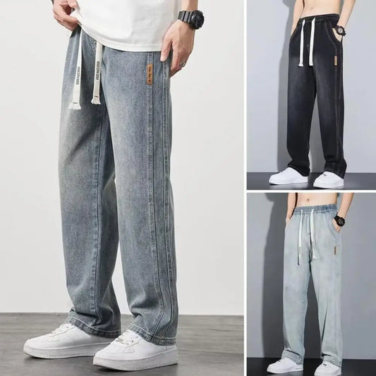 Men Elasticated Waist Jeans Men's Elastic Waist Drawstring Denim Pants Casual Straight Leg Jeans with for Summer for Comfort
