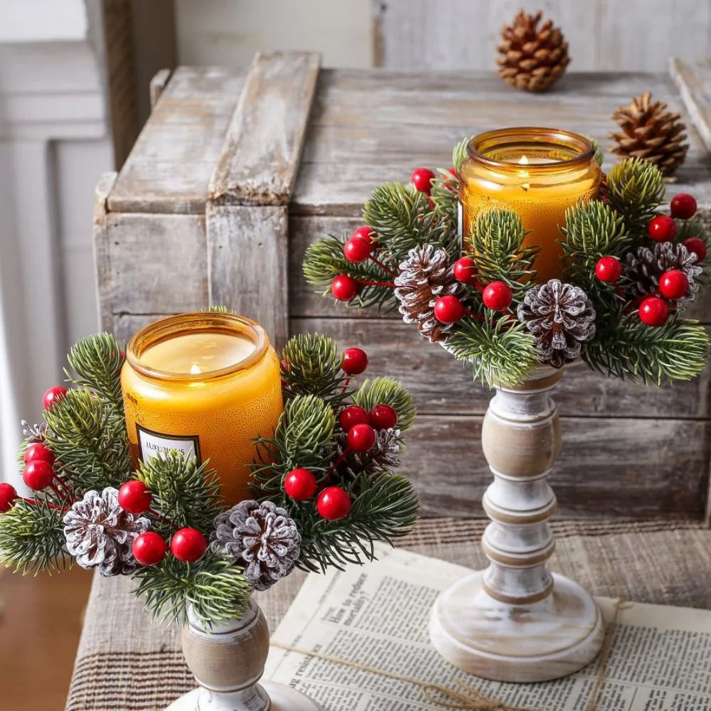 Christmas Wreath Artificial Berries Pinecone Pine Candlestick Wreaths Garland Candle Ring Table Home Party Decoration