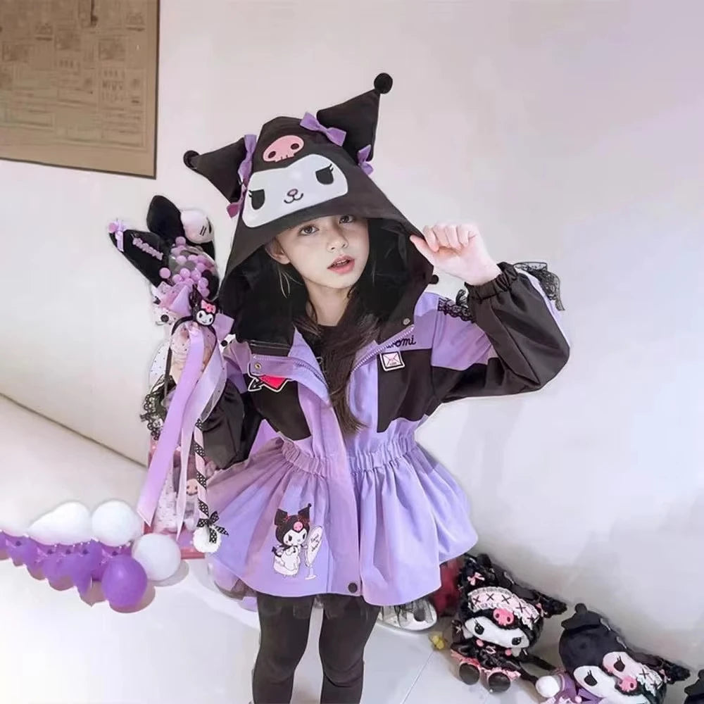 Kuromi Kawaii Kids Girls Jacket Autumn New Cartoon Cinnamoroll Fashion Outdoor Hooded Embroidery Jacket Retract Waist Jackets
