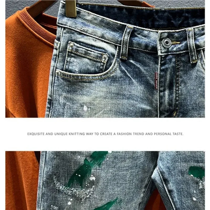 Trendy Jeans Men's Slim Fit Autumn 2024 New Style Ripped Punk Denim Pants Versatile Stretchy Little Shorts For Men