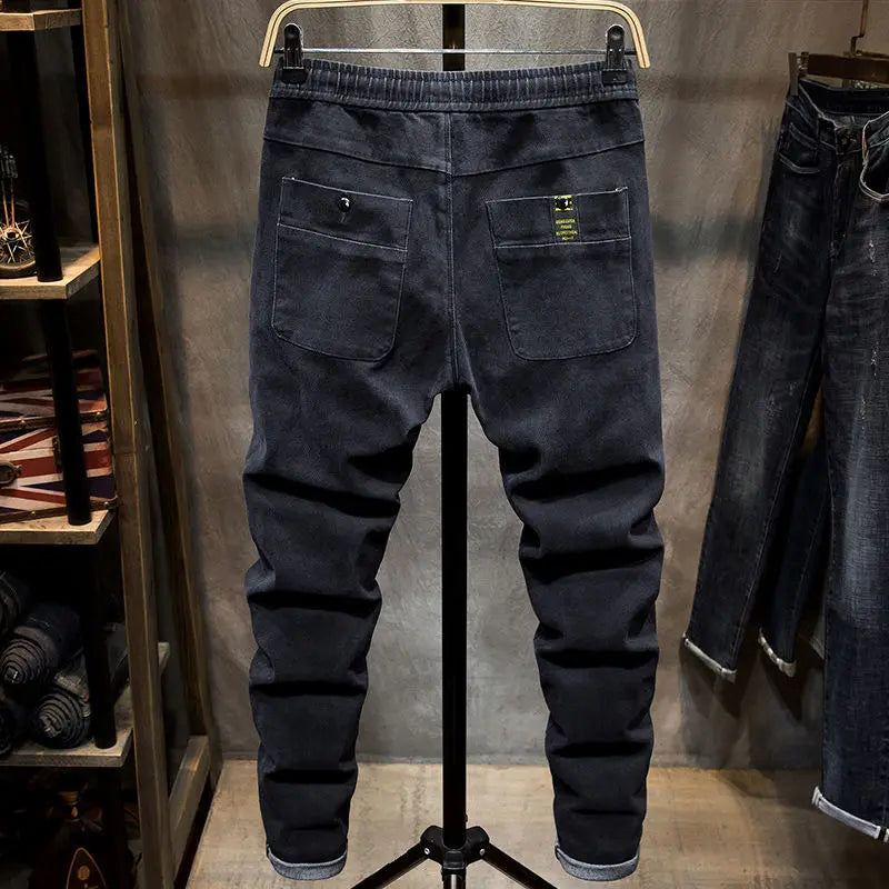 Spring Autumn 2022 New Drawstring Elastic Waist Denim Jeans Men's Slim Feet Pants Korean Fashion Casual Pants Harem Baggy Jeans