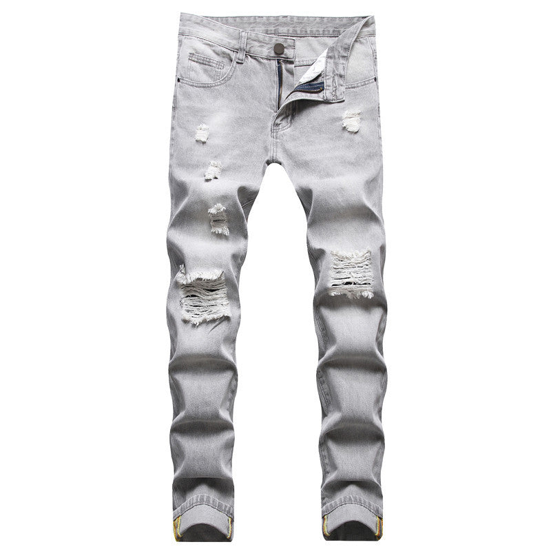 Mens Jeans Large-size Straight Light Gray Denim Trousers Spring and Autumn Full Length Male Pants Ripped Jeans