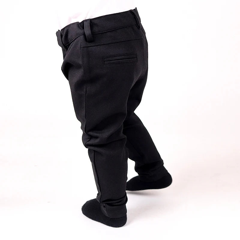 Pantalones largos negros para niños, para todas las estaciones, con cintura elástica alta, a la moda, ropa de verano para niños, con cremallera frontal y abertura.