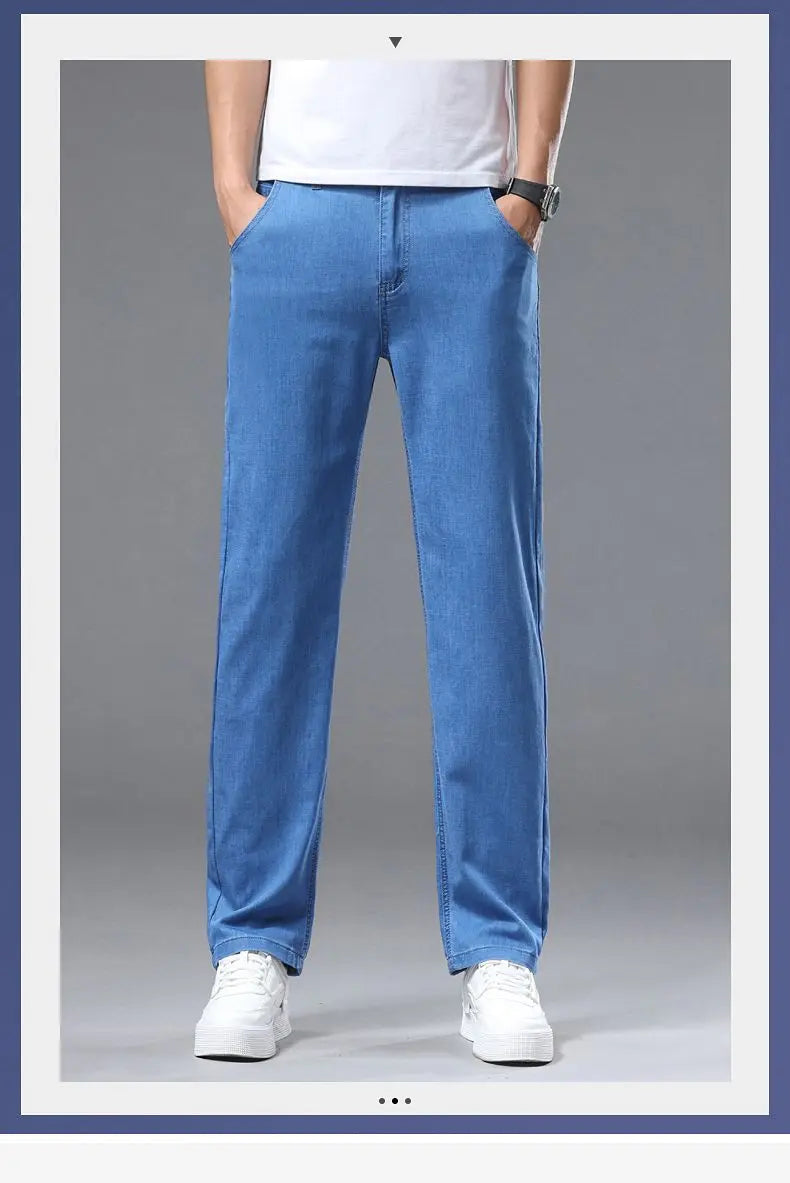 Spring Summer Business Jeans Men Light Blue Casual Straight Stretch Fashion Classic Work Denim Trousers Brand Clothing