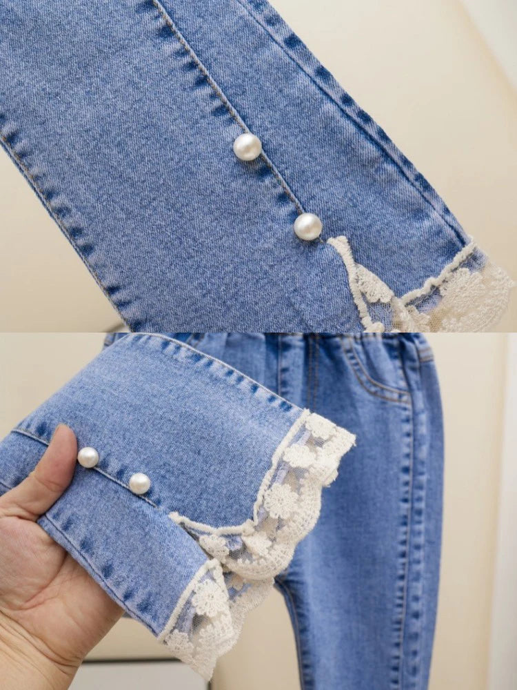2-12 Year Old Girls Jeans Fashion Lace Elastic Denim Flared Pants Spring Autumn Solid Color Trousers Teenager Kids Girl Clothing