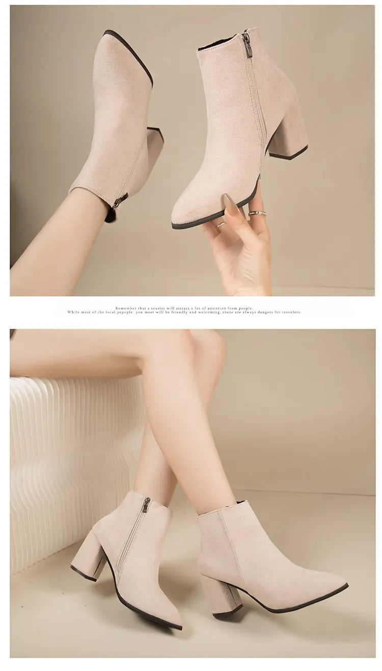 Nuevas botas sencillas de tacón cuadrado con cremallera lateral y tacón alto de ante puntiagudo para mujer.