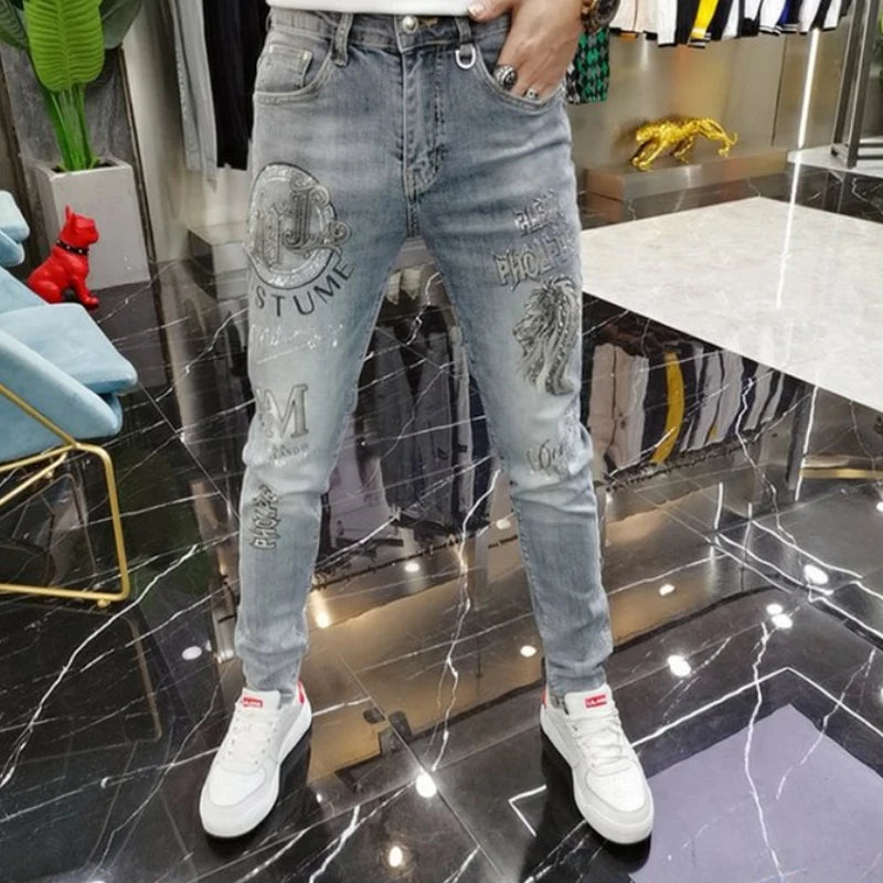Men Jeans Fashion Street Hip-Hop Jeans Male Punk Style Denim Pants Summer Spring Men Stretchy Slim Fit High Quality Mans Jeans