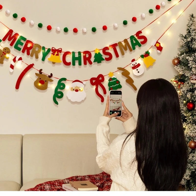 DIY Handmade Pull Flag Banner with LED Light String Merry Christmas Holiday Ornaments Home Room Background Christmas Decoration