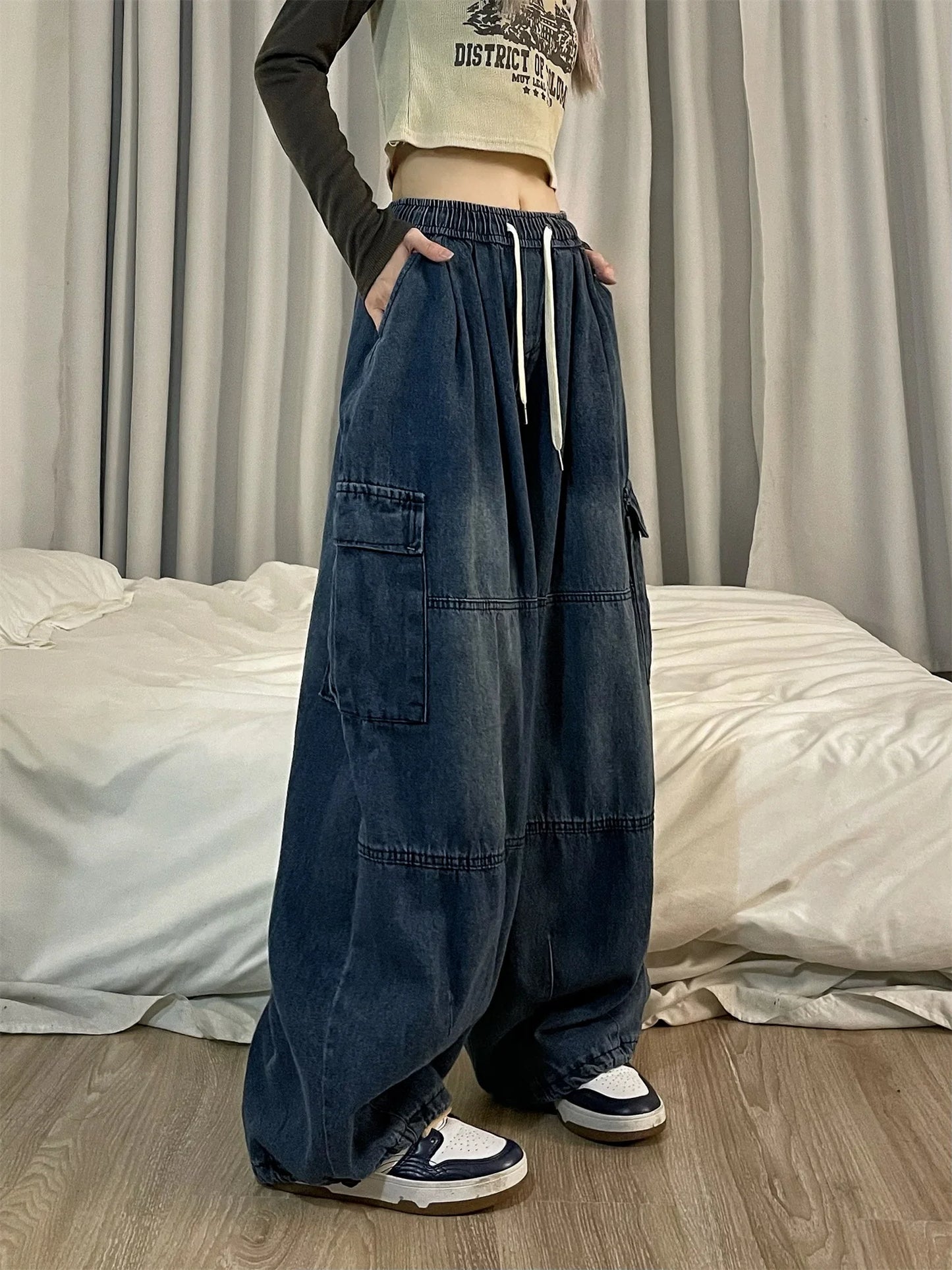 Vintage Blue Cargo Jeans Women Baggy Denim Pants Oversized Y2K Grunge Hip Hop Streetwear Harajuku Casual Wide Leg Trousers
