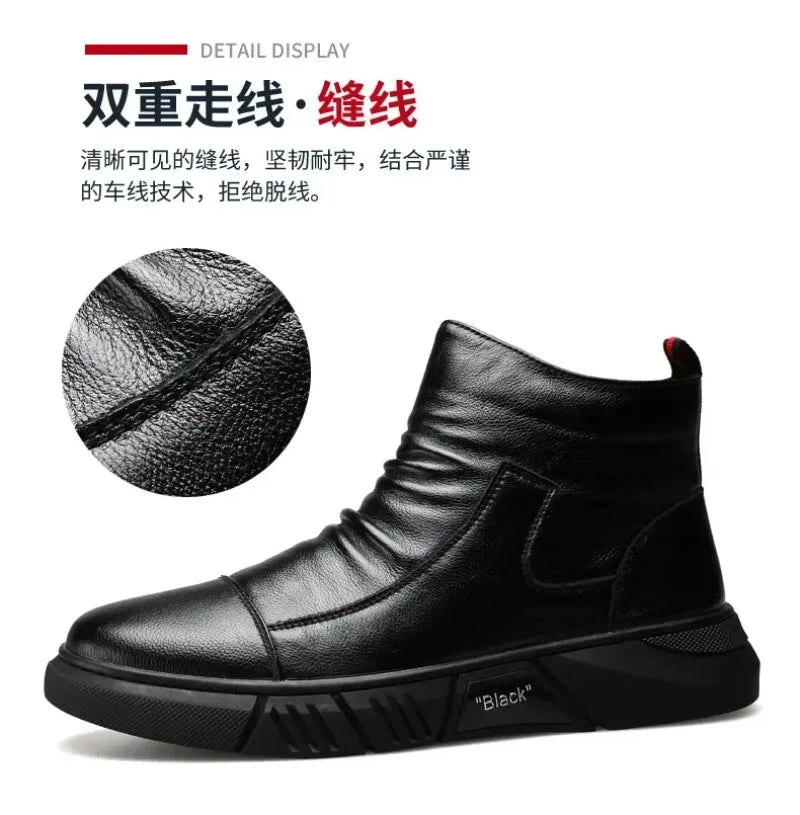 Bottes en cuir tendance pour hommes, bottes d'hiver chaudes et chaudes, chaussures en coton, bottes montantes décontractées en cuir, style britannique, chaussures pour hommes