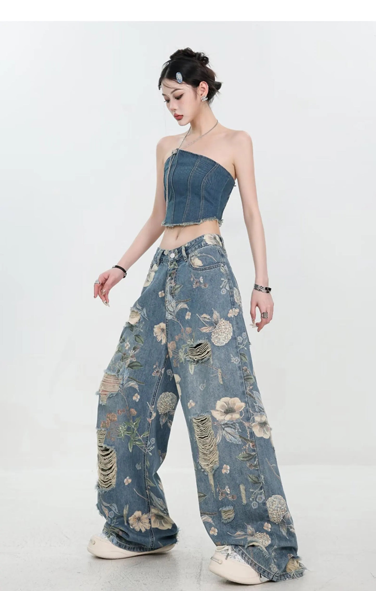 American Street Print Jeans For Women Trendy Style Loose And Versatile Floor-length Wide-leg Pants With A Versatile Design
