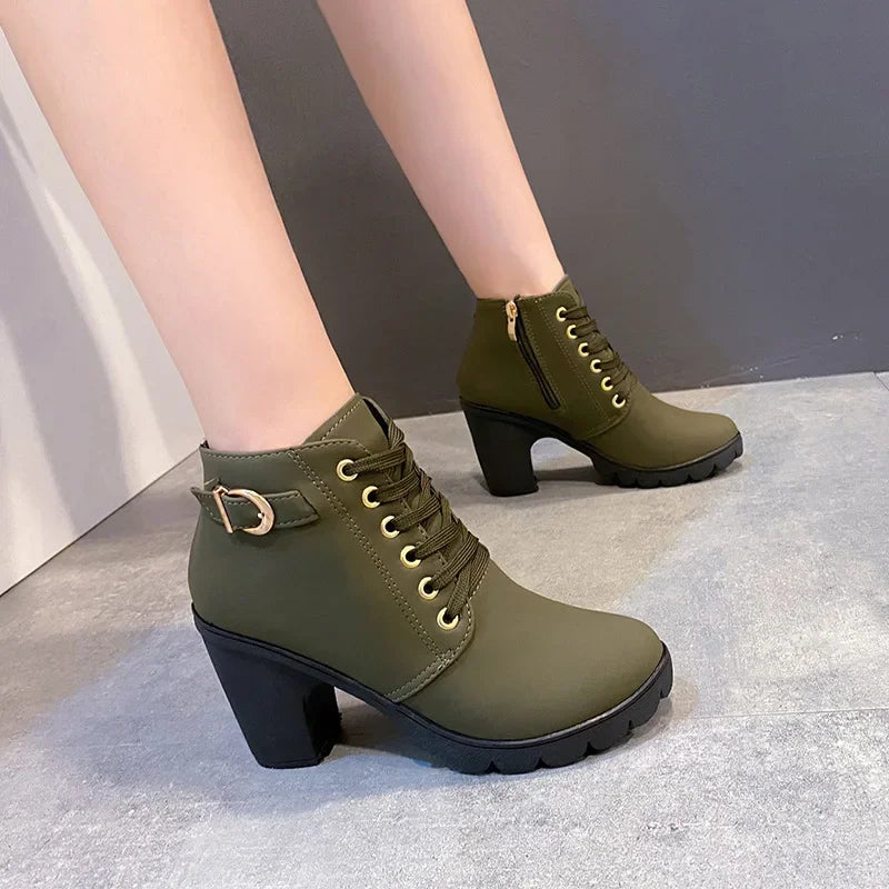 Women Boots Lace Up Ankle Boots Spring Fashion Outdoor Pumps Boots Black Buckle High Heel Boot Plus Size Platform Women Shoes