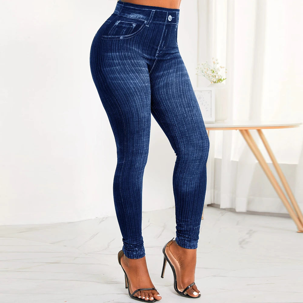 M XXL Faux Denim Leggings Women Clothing Summer High Waist Jeans Oversized Basics Pants Female Casual Slim Trousers
