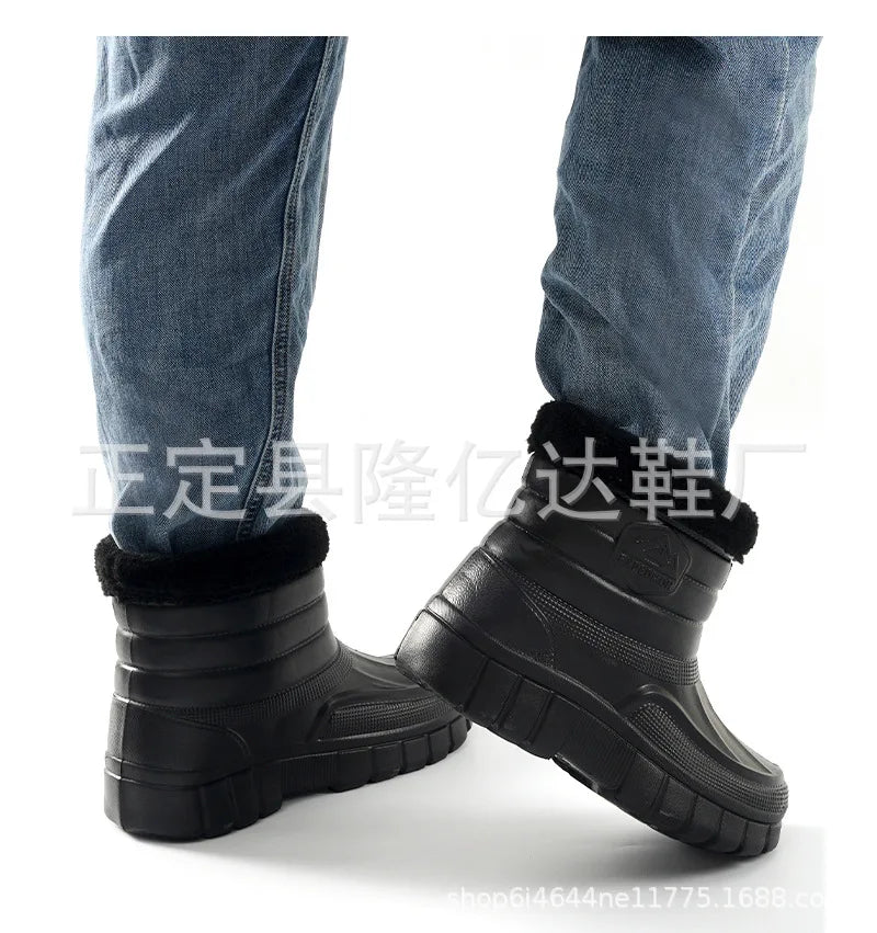 Winter Rain Boots Men Windproof Work Shoes Ankle EVA Rainboots Plush Warm Lightweight Black Slip On Anti-slip Wear-resistant