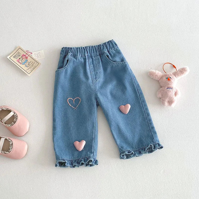 Pantalones vaqueros de estilo coreano para niñas de 0 a 5 años, con dobladillo con volantes y cintura elástica, primavera 2025