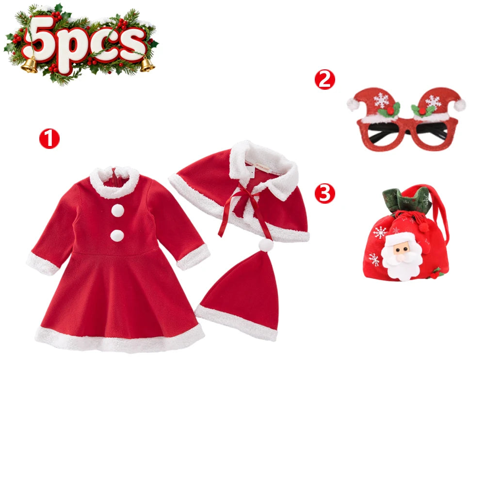 Ensemble robe à manches longues, châle et bonnet de Père Noël pour fille, idéal pour le Nouvel An et les fêtes de Noël. Vêtements rouges pour le carnaval et le carnaval.