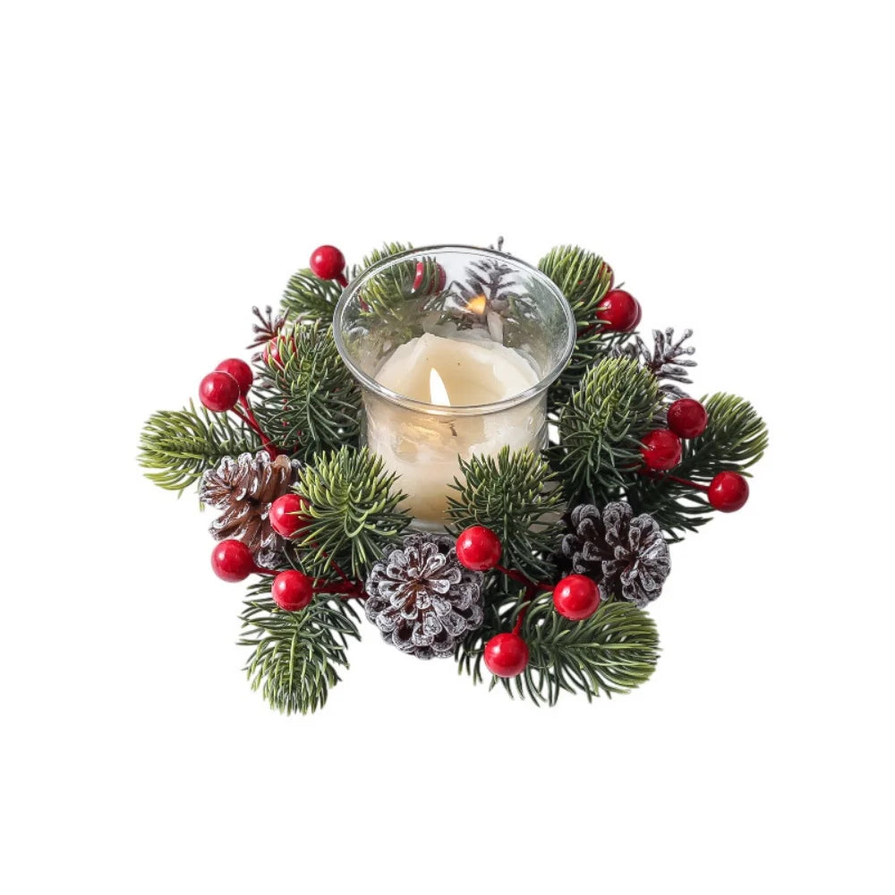 Christmas Wreath Artificial Berries Pinecone Pine Candlestick Wreaths Garland Candle Ring Table Home Party Decoration