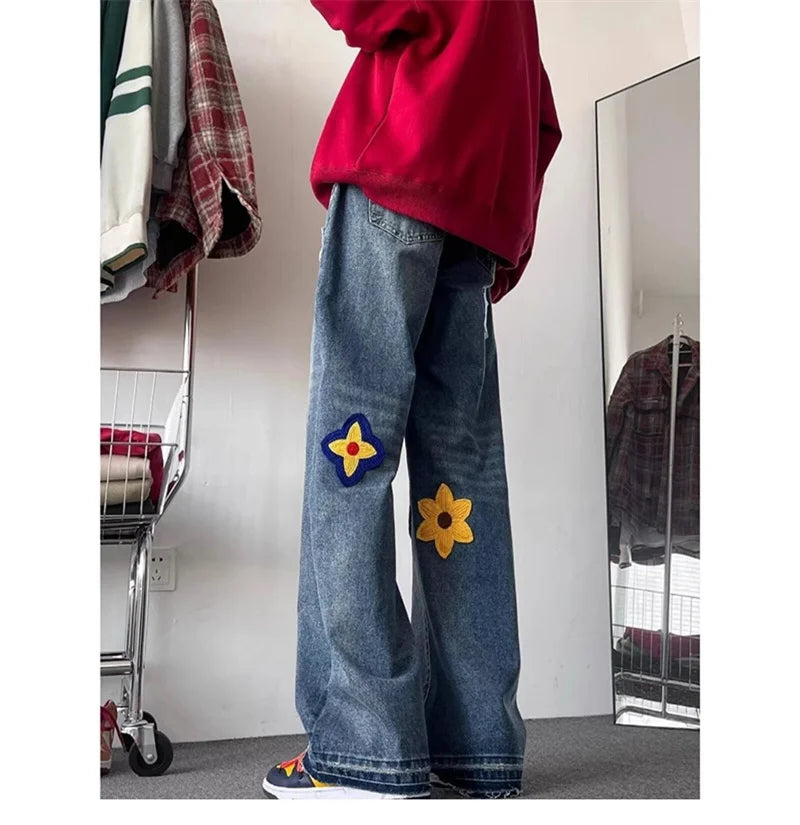 Autumn Y2K Vintage Flower Embroidery Jeans For Men Hip Hop Fashion Baggy Denim Pants Women's Streetwear Blue Straight Jean