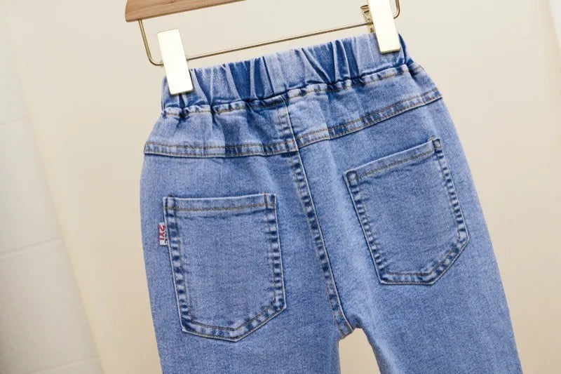 2-12 Year Old Girls Jeans Fashion Lace Elastic Denim Flared Pants Spring Autumn Solid Color Trousers Teenager Kids Girl Clothing