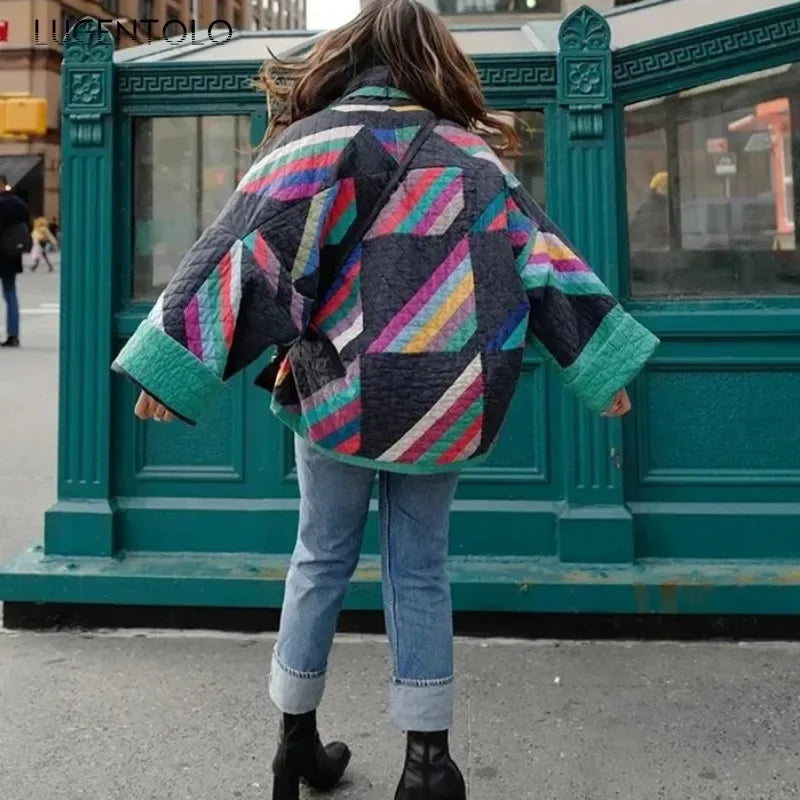 Women Casual Parka Fall-Winter 2024 Fashion Geometric Print Spliced Jacket Vintage Lapel Kimono Cardigan Elegant Thermal Tops